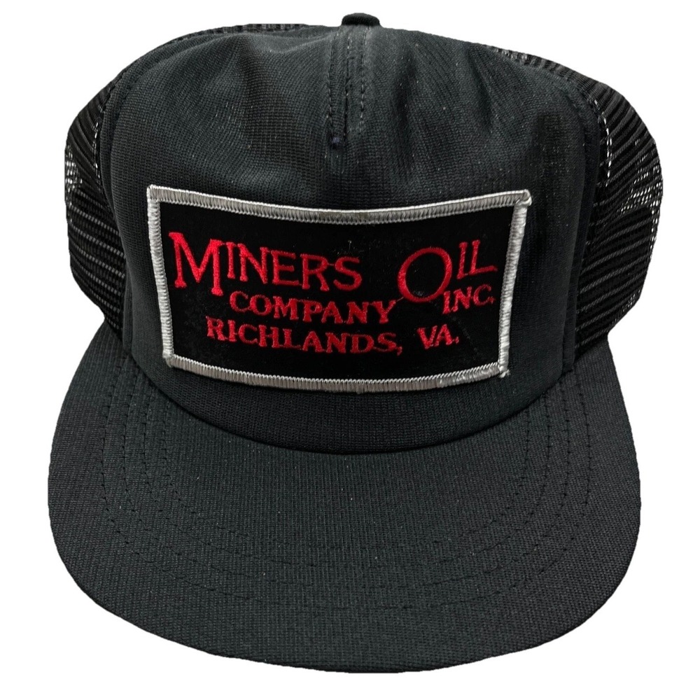 Vintage Miners Oil Trucker Hat Cap Snap Back Black Red USA Made 80s Patch Coal